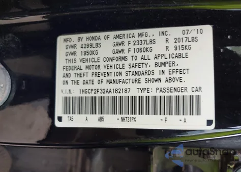 2010 Honda Accord 2.4 Lx from USA, damaged, VIN 1HGCP2F32AA182187